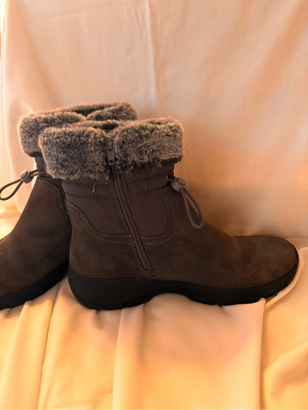 Lands' End Women's Gray Suede Faux-Fur Cuff Ankle Snow Boots
